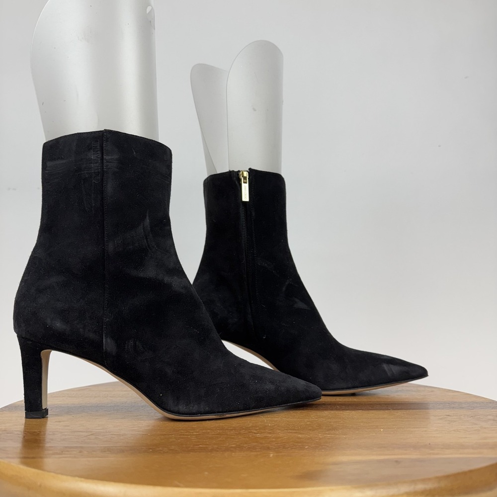 $1300 Womens Jimmy Choo Alizze 65mm Black Suede Zip Heeled Ankle Boots Size 37.5